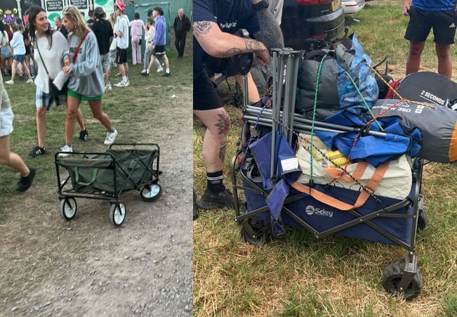A broken trolley and a fully laden trolley at a festival ground